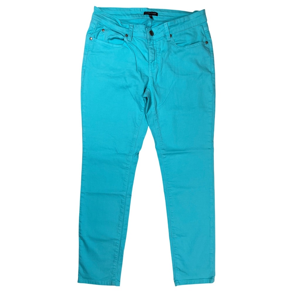 Eileen Fisher Organic Cotton Teal Straight Leg Jeans Sz 6 Stretch Casual‎ Spring